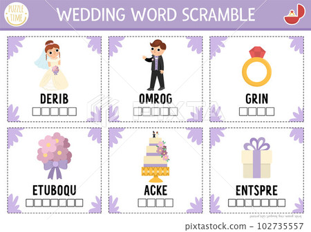 Vector wedding word scramble activity cards. English language game with bride and groom for kids. Marriage ceremony family quiz with bridesmaid, ring, cake. Educational printable worksheet Vector wedding word scramble activity cards. English language game with bride and groom for kids. Marriage ceremony family quiz with bridesmaid, ring, cake. Educational printable worksheet 102735557