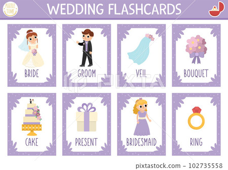 Vector wedding cards set. English language game with bride and groom for kids. Marriage ceremony flashcards with bridesmaid, ring, cake. Simple educational printable worksheet. Vector wedding cards set. English language game with bride and groom for kids. Marriage ceremony flashcards with bridesmaid, ring, cake. Simple educational printable worksheet. 102735558