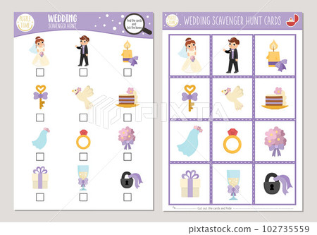 Vector wedding scavenger hunt cards set. Seek and find game with cute bride and groom for kids. Marriage ceremony searching activity. Simple educational printable worksheet Vector wedding scavenger hunt cards set. Seek and find game with cute bride and groom for kids. Marriage ceremony searching activity. Simple educational printable worksheet 102735559