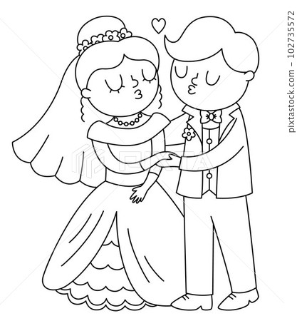 Vector black and white illustration with kissing bride and groom. Cute just married couple. Wedding ceremony line icon. Cartoon marriage coloring page with newly married couple, first kiss Vector black and white illustration with kissing bride and groom. Cute just married couple. Wedding ceremony line icon. Cartoon marriage coloring page with newly married couple, first kiss 102735572