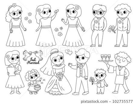 Vector black and white set with bride, groom and their guests. Cute just married couple with bridesmaids, bridegrooms, children, waiter, registrar. Wedding ceremony coloring page 102735577
