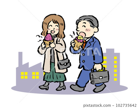 一對工作夫婦吃烤紅薯的手繪插畫 102735642