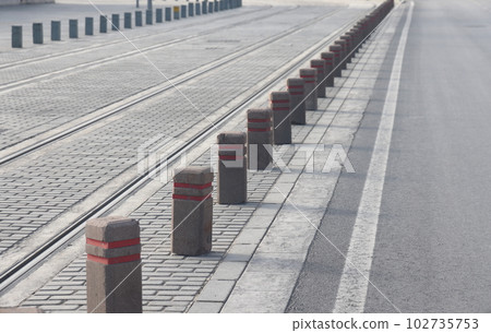 close-up of tram tracks, paved road, minimalism. 102735753