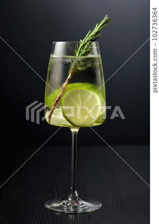 Gin tonic with ice, rosemary, and lime in frosted glass on a black table. 102736364