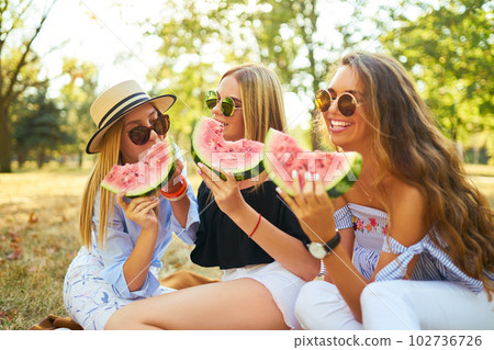 Three nice girls having fun eating watermelon In the park. Excellent sunny weather. Beautiful figures Three nice girls having fun eating watermelon In the park. Excellent sunny weather. Beautiful figures 102736726