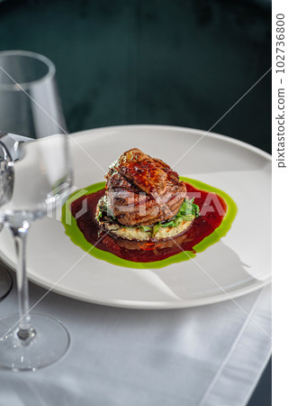 Tournedos Rossini. Foie gras, Black Angus beef tenderloin, with red wine sauce. Fillet mignon steak with Foie Gras. Tournedos Rossini. Foie gras, Black Angus beef tenderloin, with red wine sauce. Fillet mignon steak with Foie Gras. 102736800