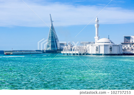 Alrahmah floating mosque with sea in foreground, Jeddah, Saudi Arabia Alrahmah floating mosque with sea in foreground, Jeddah, Saudi Arabia 102737253