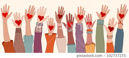 Arms and hands raised. Charity donation and volunteer work. Group of diverse people with heart in hand. Support and assistance. People diversity. Multicultural and multiethnic community Arms and hands raised. Charity donation and volunteer work. Group of diverse people with heart in hand. Support and assistance. People diversity. Multicultural and multiethnic community 102737255