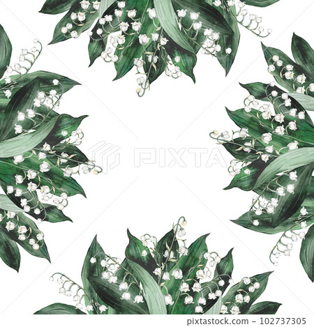 Watercolor banner with spring lilies of the valley branches. Watercolor spring lilies of the valleyin bouquet for wedding. Decorative element for greeting card. Illustration Watercolor banner with spring lilies of the valley branches. Watercolor spring lilies of the valleyin bouquet for wedding. Decorative element for greeting card. Illustration 102737305