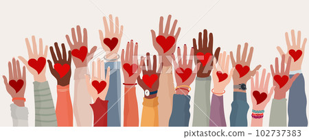 Arms and hands raised. Group of diverse people with heart in hand. Charity donation and volunteer work. Support and assistance. Multicultural and multiethnic community. People diversity Arms and hands raised. Group of diverse people with heart in hand. Charity donation and volunteer work. Support and assistance. Multicultural and multiethnic community. People diversity 102737383