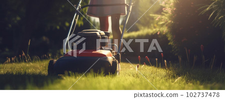 Safety first: Woman wearing protective gear and cutting grass with a gasoline lawnmower on a sunny day. AI Generative. 102737478