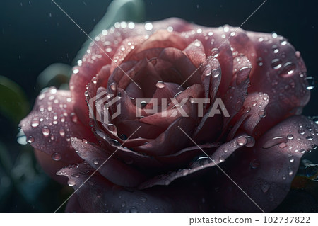 Rose in full bloom with water drops on petals. A striking macro shot. Generative AI 102737822