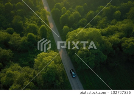 Aerial view road and forest. Road going through forest with car view from above. Generative AI 102737826