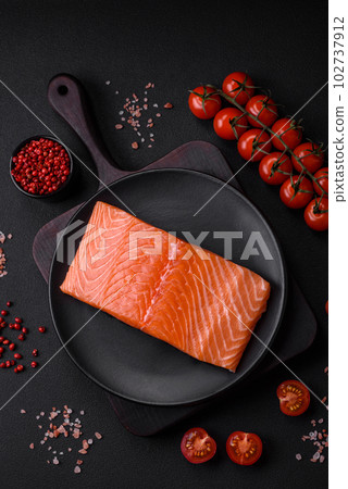 Fresh raw salmon red fish fillet with salt and spices Fresh raw salmon red fish fillet with salt and spices 102737912
