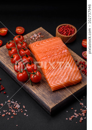 Fresh raw salmon red fish fillet with salt and spices Fresh raw salmon red fish fillet with salt and spices 102737946