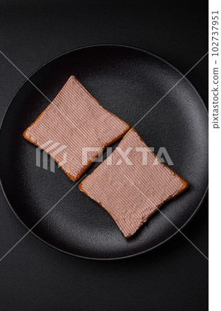Delicious crispy toast with chicken or goose pate with salt and spices Delicious crispy toast with chicken or goose pate with salt and spices 102737951