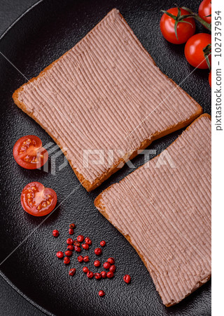 Delicious crispy toast with chicken or goose pate with salt and spices 102737954