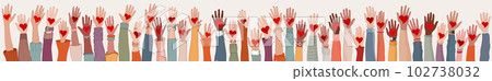 Large Group of diverse people with heart in hand. Arms and hands raised. Charity donation and volunteer work. People diversity. Support and assistance. Multicultural community. Teamwork Large Group of diverse people with heart in hand. Arms and hands raised. Charity donation and volunteer work. People diversity. Support and assistance. Multicultural community. Teamwork 102738032
