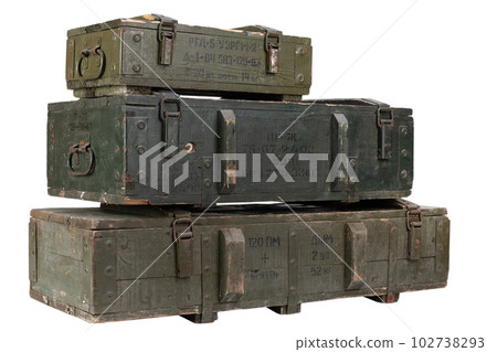 Army ammunition stack of green crates. Text in russian - type of ammunition, projectile caliber, projectile type, number of pieces and weight. Army ammunition stack of green crates. Text in russian - type of ammunition, projectile caliber, projectile type, number of pieces and weight. 102738293