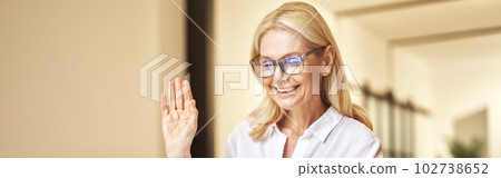 Pleased attractive mature businesswoman waving at webcam, having online call using laptop while sitting at her desk in the office Pleased attractive mature businesswoman waving at webcam, having online call using laptop while sitting at her desk in the office 102738652