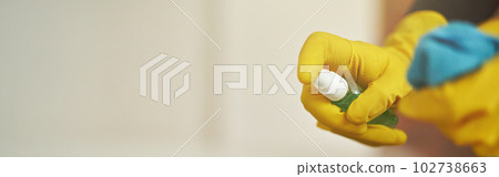 Close up shot of cleaning lady in rubber gloves using antibacterial sanitizer spray and cloth while disinfecting the screen of digital tablet pc 102738663