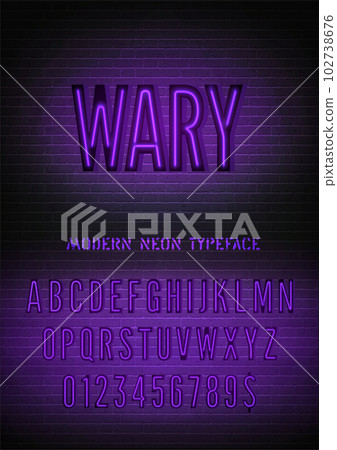 Vector wary night light sign and narrow violet neon font with numbers on dark brick background 102738676