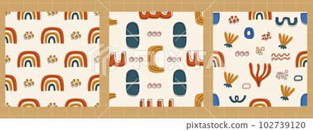Collectoon Contemporary Modern Trendy Seamless Patterns. Abstract Y2K pattern. Hand Drawn Vector Background Collectoon Contemporary Modern Trendy Seamless Patterns. Abstract Y2K pattern. Hand Drawn Vector Background 102739120