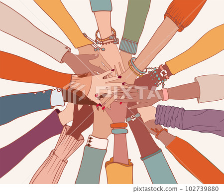 Group of arms and hands on top of each other in a circle of diverse multi-ethnic people.People of different cultures.Cooperation.Agreement between colleagues.Diversity people.Community 102739880