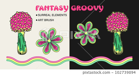Set of design elements with fantasy mushroom, chamomile flower, psychedelic striped art brush. Clip art for groovy, hippie, mystical style 102739894