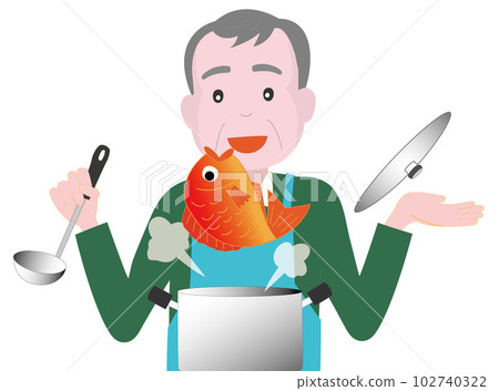 老人正在煮魚。 102740322