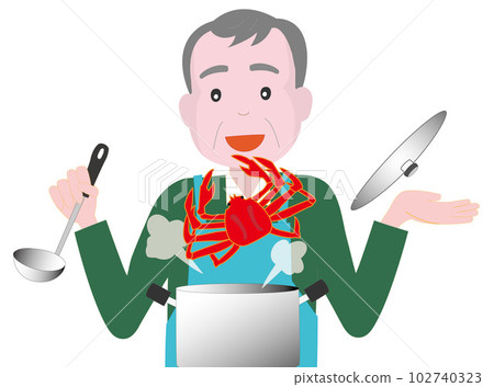 Elderly people are cooking fish. 102740323