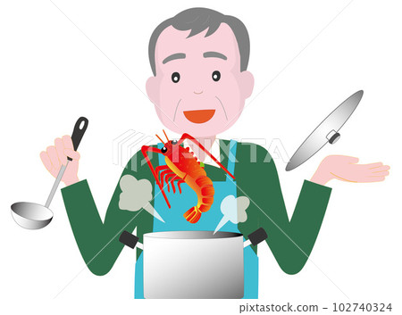 Elderly people are cooking fish. 102740324