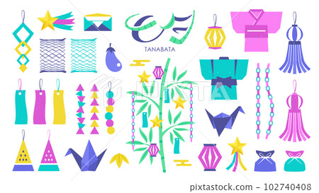 Illustration set of simple Tanabata decorations (neon pop) Illustration set of simple Tanabata decorations (neon pop) 102740408