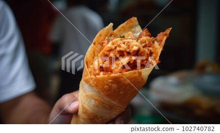 Pizza cone, delicious street fast food in hand with tasty meat , generated AI 102740782