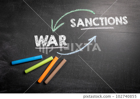 War and Sanctions Concept. Text on a dark chalkboard background War and Sanctions Concept. Text on a dark chalkboard background 102740855