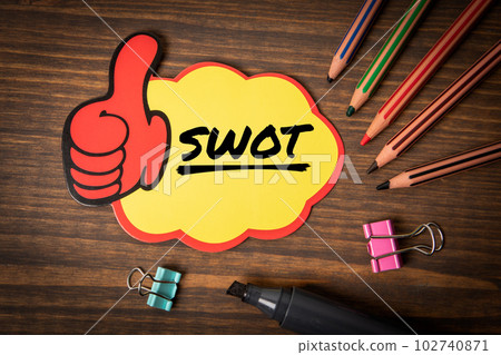 SWOT. Sticky note with text on wooden texture office table 102740871