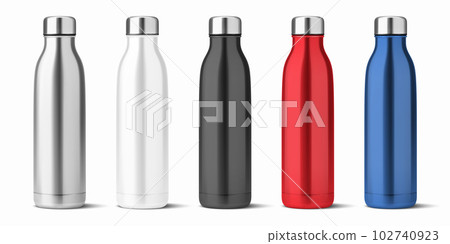 Vector Realistic 3d White, Silver, Black, Red, Blue Empty Glossy Metal Reusable Water Bottle with Silver Bung Set Closeup Isolated. Design template of Packaging Mockup. Front View 102740923