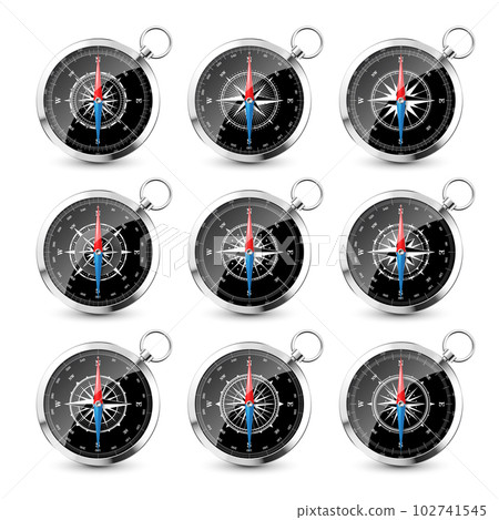 Vintage compass, marine wind rose with cardinal directions of North, East, South, West. Realistic silver navigational compass, shiny metal. Cartography and navigation. Vector illustration. Vintage compass, marine wind rose with cardinal directions of North, East, South, West. Realistic silver navigational compass, shiny metal. Cartography and navigation. Vector illustration. 102741545