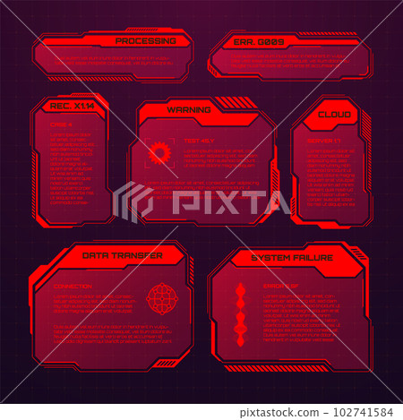 Red futuristic HUD or UI elements. Sci-fi user interface text boxes, callouts. Warning message frames, information boxes template. Modern game interface layout in digital style. Vector illustration 102741584