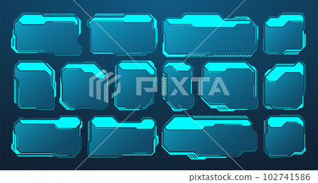Blue futuristic HUD or UI elements. Sci-fi user interface text boxes, callouts. Warning message frames, information boxes template. Modern game interface layout in digital style. Vector illustration 102741586