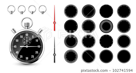 Classic stopwatch with clock faces. Shiny metal chronometer, time counter with dial. Countdown timer showing minutes and seconds. Time measurement for sport, start and finish. Vector illustration 102741594