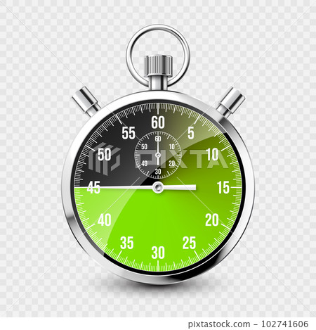 Realistic classic stopwatch. Shiny metal chronometer, time counter with dial. Green countdown timer showing minutes and seconds. Time measurement for sport, start and finish. Vector illustration Realistic classic stopwatch. Shiny metal chronometer, time counter with dial. Green countdown timer showing minutes and seconds. Time measurement for sport, start and finish. Vector illustration 102741606