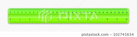 Realistic green plastic ruler with measurement scale and divisions, measure marks. School ruler, centimeter and inch scale for length measuring. Office supplies. Vector illustration Realistic green plastic ruler with measurement scale and divisions, measure marks. School ruler, centimeter and inch scale for length measuring. Office supplies. Vector illustration 102741634