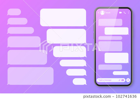 Realistic smartphone with messaging app on colorful violet background. Blank SMS text frame. Chat screen with transparent message bubbles. Social media application. Vector illustration Realistic smartphone with messaging app on colorful violet background. Blank SMS text frame. Chat screen with transparent message bubbles. Social media application. Vector illustration 102741636