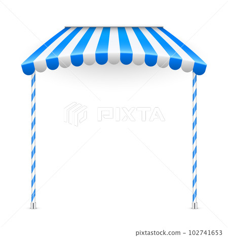 Blue shop sunshade with stand holders. Realistic striped cafe awning. Outdoor market tent. Roof canopy. Summer street store. Vector illustration 102741653
