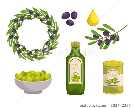 Olives Set, Green, Black, And Kalamata. Wreath, Oil Drop, Bottle and Pickled Olives in Tin Can or Fresh Olives in Bowl 102742255