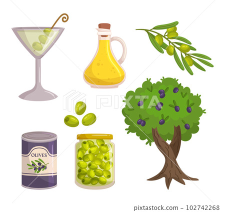 Olive Products Set, Oil, Martini, Pickled Olives In Tin Can, Tasty Assortment Of Green And Black Olives, Illustration 102742268