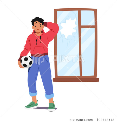 Boy Character Broke Window With Ball, Causing Shattered Glass And A Scattered Mess. Careless Accident Boy Character Broke Window With Ball, Causing Shattered Glass And A Scattered Mess. Careless Accident 102742348
