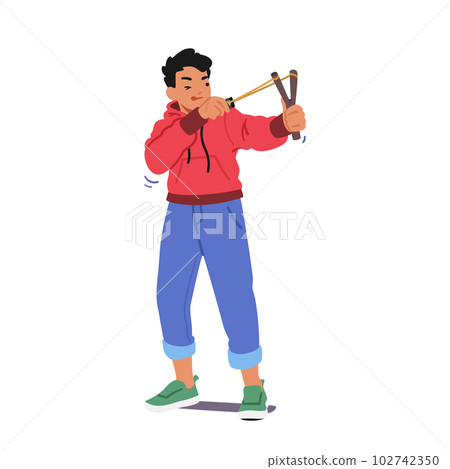Mischievous Boy Wreaking Havoc With Slingshot, Causing Mischief And Chaos With His Unruly Antics, Vector Illustration 102742350