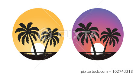 Vector Palm Trees, Palm Tree Icon Set Isolated. Palm Silhouettes on Sunset Background. Design Template for Tropical, Vacation, Beach, Summer Concept. Vector Illustration. Front View 102743318